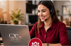 Marketplace support consultant working on a laptop